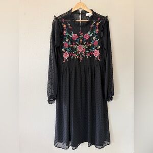 Evereve Braeve Floral Embroidered Long Sleeve Sheer Swiss Dot Midi Dress Size S